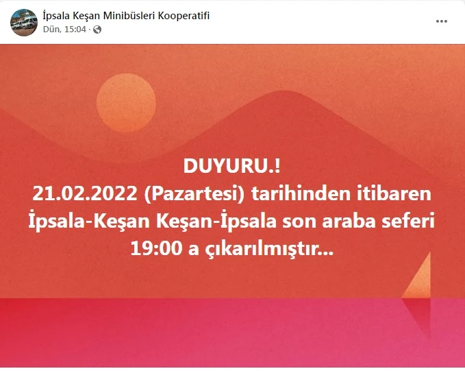 İpsala-Keşan arasında son sefer saat 19.00